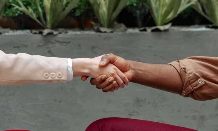Photo by Mikhail Nilov: https://www.pexels.com/photo/close-up-shot-of-two-people-shaking-hands-7821095/